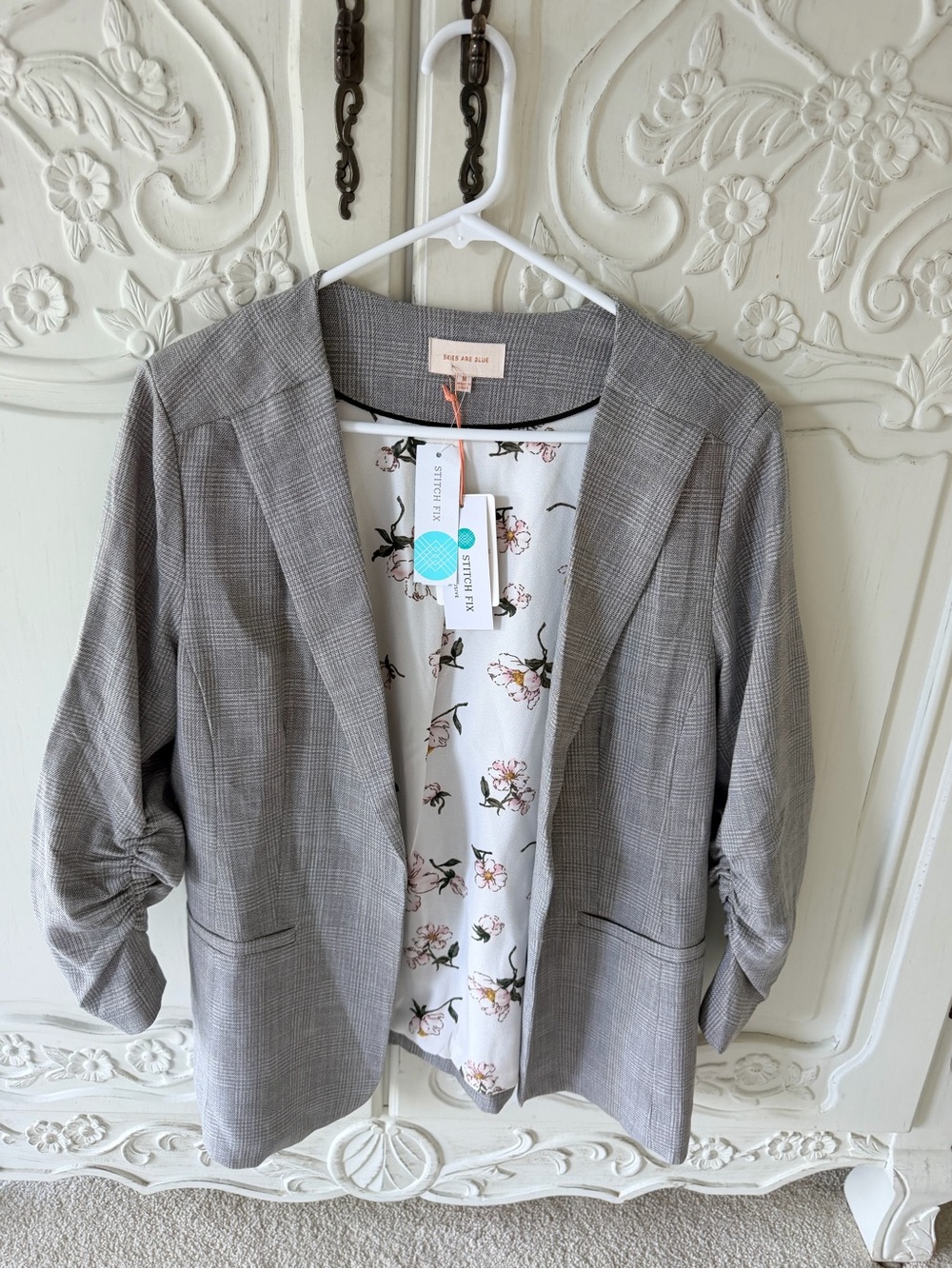 NWT-Skies Are Blue Plaid Open-Front Blazer with Floral Lining